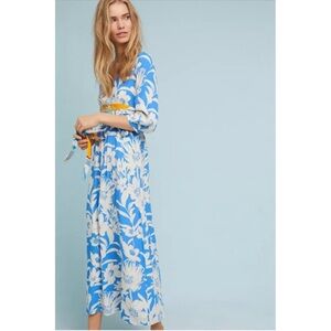 Maeve Anthropologie blue and white gorgeous Belted Kimono maxi dress NWOT